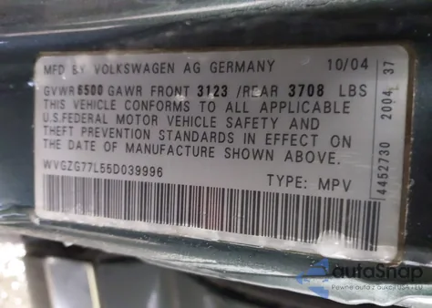 2005 Volkswagen Touareg V6 from USA, damaged, VIN WVGZG77L55D039996